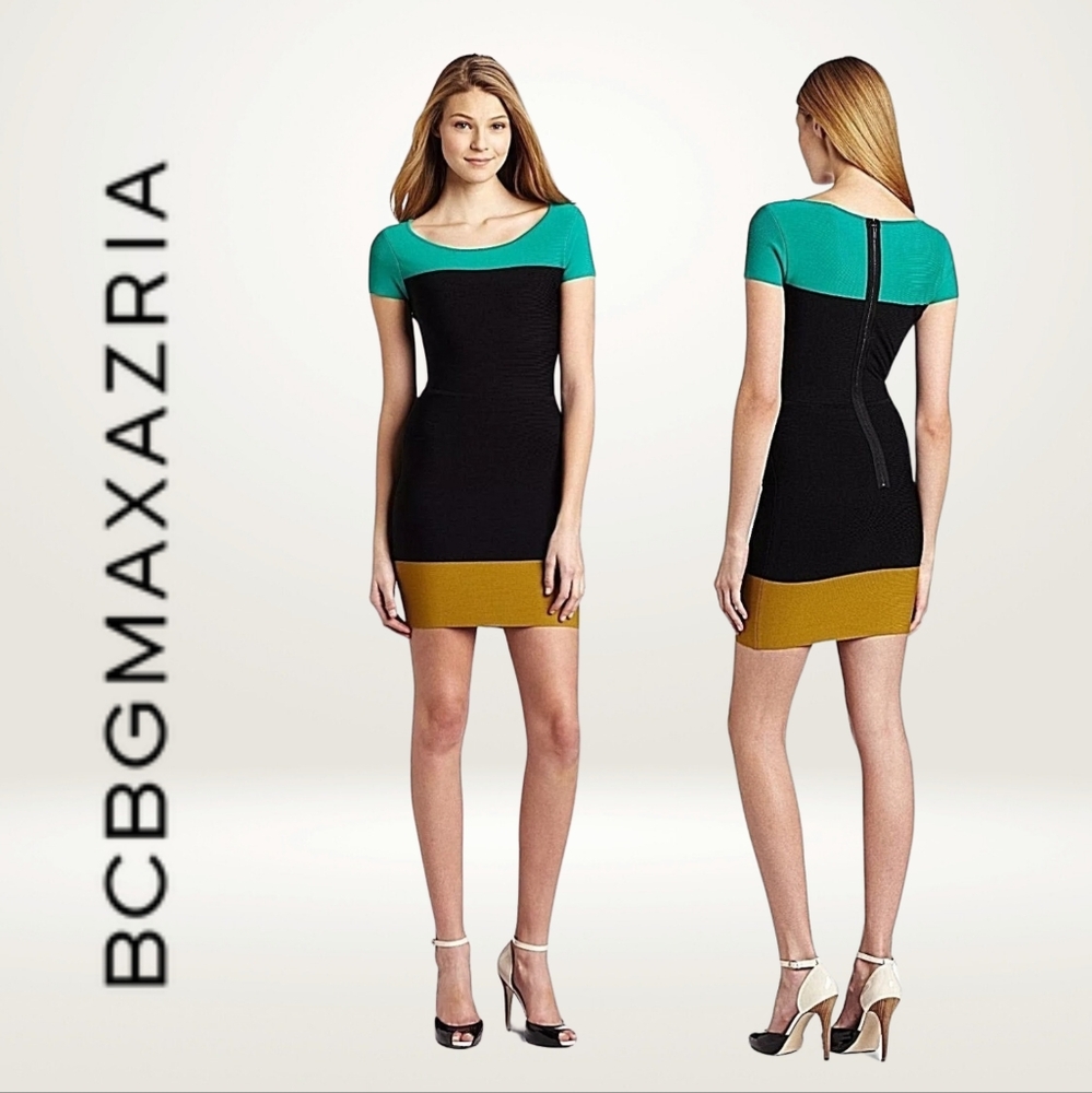 BCBG Max Azria Colorblock Mini Dress - Black, Teal, Gold Jacquetta Dress Size M